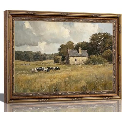Jamortty Vintage Cow Farm Landscape Framed Wall Art 9x11 In