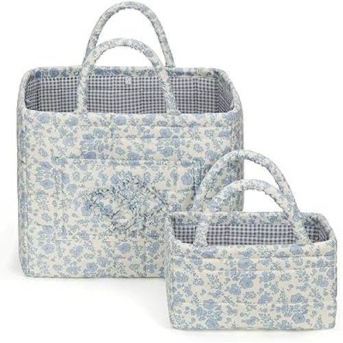 Fabric Storage Basket 2 Pack,Large and Mini Boho Laundry Nursery Hamper Portable Folding Organizer for Car Bedroom (Blue Floral)
