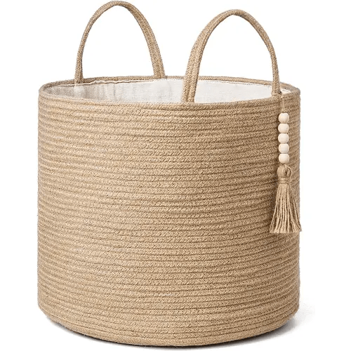Mkono Woven Storage Basket Decorative Natural Rope Basket Wooden Bead Decoration for Blankets,Toys,Clothes,Shoes,Plant Organizer Bin with Handles Living Room Home Decor, Jute, 16" W × 13.8"L