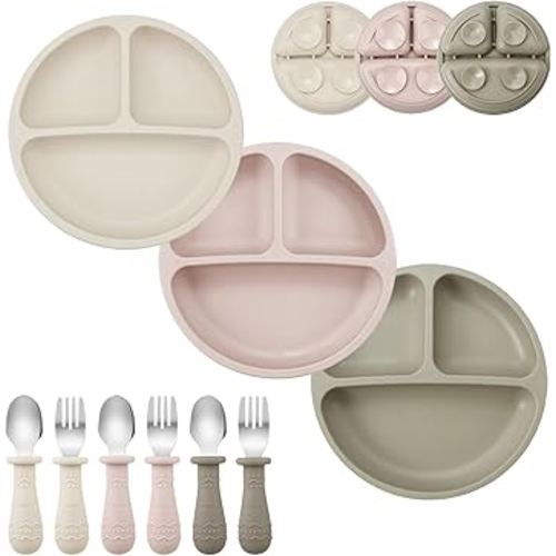 PandaEar 9-Piece Toddler Plates & Utensils Set, 3-Pack Suction Plates with 3 Spoons & 3 Forks, Silicone Baby Feeding Set