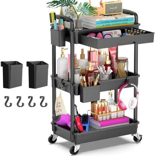 Yeabett 3 Tier Rolling Utility Cart Organizer with Removable Drawer, Mobile Storage Carts with 2 Lockable Wheels for Bathroom, Kitchen, Snack, Craft, Makeup, Baby Essentials, Black