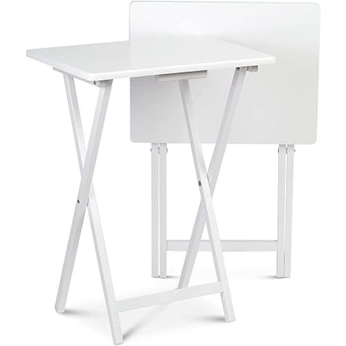 PJ Wood 2 Piece Set, Multifunctional Solid Wood TV Snack Tray Tables for Indoor Use, White