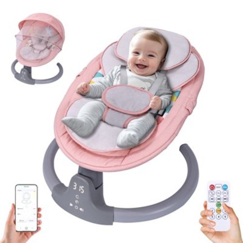 Baby Swing, HDJ Baby Swing for Infants, Portable Electric Baby Rocker with 5 Sway Speed, 10 Lullabies, APP Remote and Touch Screen Control, Bluetooth Music, Pink