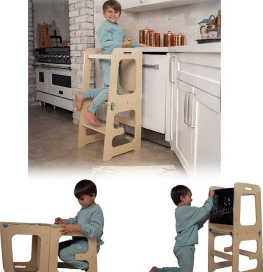 Toddler Kitchen Stool & Montessori Chalkboard Desk | 4-in-1 Convertible Helper Tower