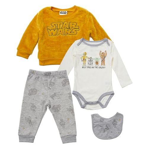 STAR WARS Boys Infant One Piece Bodysuit Long Sleeve Sweatshirt Jogging Pants and Bibs - 4 Piece Cozy Set