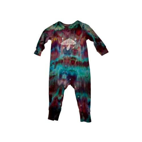 Colored Organics 100% Organic Pink and Teal Hand Block Printed Baby Mystical Mushroom Long Sleeve Jumpsuit/One Piece size 6-12 Months