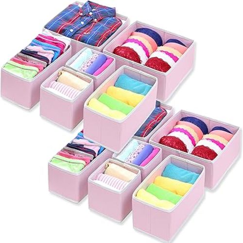 Simple Houseware Foldable Cloth Storage Box Closet Dresser Drawer Divider Organizer Basket Bins for Underwear Bras, Pink (Set of 12)