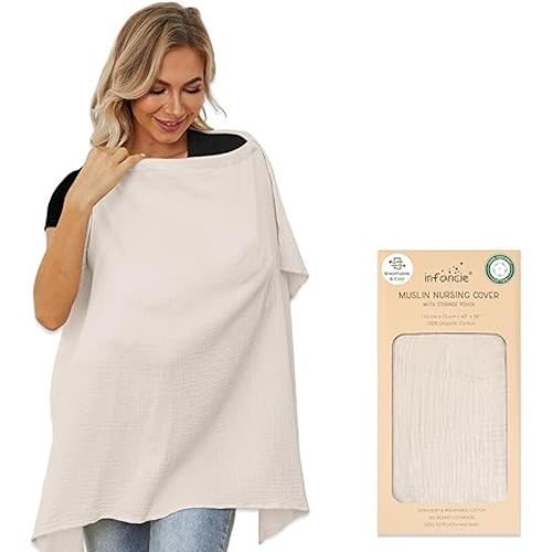 Organic Cotton Nursing Cover, Muslin Breastfeeding Cover 43 x 28 inches, Breathable Nursing Cover Up for Breastfeeding, Multi-Purpose Breast Feeding Covers for Women (Ivory)