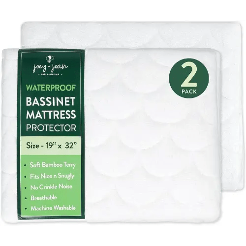 Joey + Joan Waterproof Bassinet Mattress Pad Cover 19" x 32" for Cowiewie Bedside Sleeper Bassinet Sheets – Made from Ultra Soft Bamboo Viscose Terry – 2 Pack