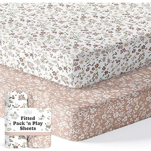 Pack and Play Sheets Fitted, Mini Crib Sheets for Graco Pack N Play Playard (38x26), Ultra Soft Organic Cotton Blend, Safe & Snug Playpen Mattress Sheet for Baby Boys & Girls – Fleurette, 2-Pack