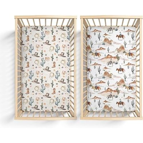 2 Pack Western Cactus Horses Hats Mountains Pattern Baby Sheets for Crib, Unisex Western Nursery Fitted Bed Sheet for Boys Girls Standard Crib and Toddler Mattress-28x52