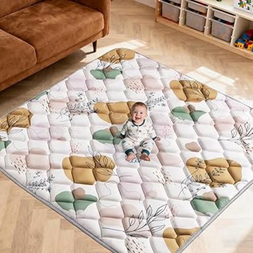 64x64IN Baby Play Mat - Tummy Time Mat for Babies 6-12 Months - Non-Slip Safe Crawling Mat for Indoor & Outdoor - Soft Foam Foldable Cushion Babycare Playmat for Kids Playpen & Machine Washable, Boho