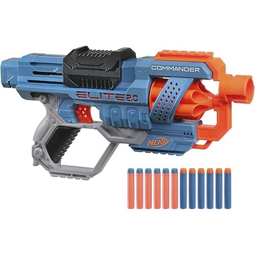 Nerf Elite 2.0 Commander RC-6 Blaster, 12 Elite Darts, 6-Dart Rotating Drum, Tactical Rails, Barrel and Stock Attachment Points