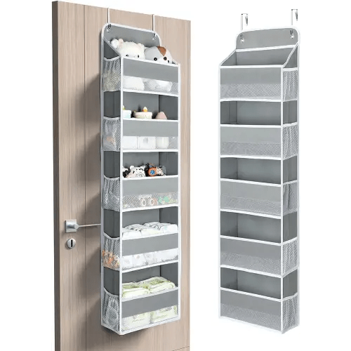 Yecaye 1 Pc Over The Door Organizer with 5 Bins 10 Side Pockets, 44lbs Load Hanging Bathroom Organizer, No Tilt Closet Organizers and Storage for Bedroom, Baby Organizer for Extra Storage, Grey