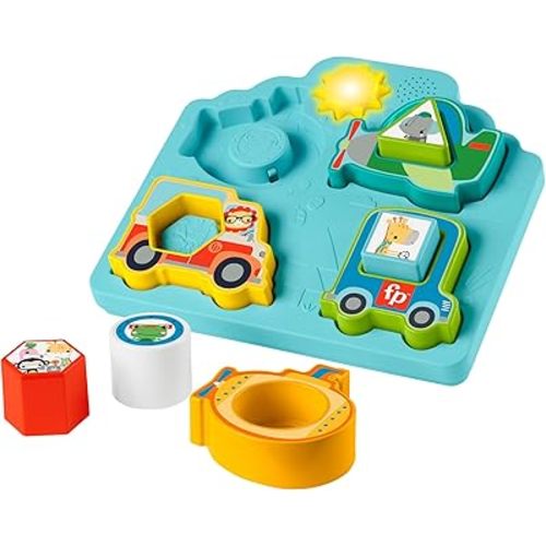 Fisher-Price Baby Sorting Toy Shapes & Sounds Vehicle Puzzle with Music & Lights for Fine Motor Play, Ages 9M+