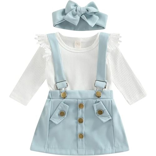 Madjtlqy Infant Girls Summer 3Pcs Outfit Sets Ruffle Short Sleeve Ribbed Romper + Suspender Skirt + Headband