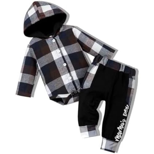 Fuermos Newborn Baby Boy Clothes Plaid Button Long Sleeve Hoodie Romper+ Mama's Boy Pants Fall Winter Outfits Set