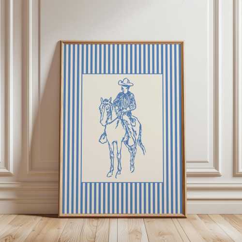 PRINTED Cowboy Sketch Wall Art, Trendy Striped Print, Blue Nursery Wall Art, Western Aesthetic Print, Vintage Horse Sketch