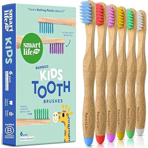 Kids Bamboo Toothbrushes (6 Pack) - Extra Soft Bristles For Toddlers Teeth | Zero Waste Biodegradable Tooth Brushes For Children | Natural Wooden Child Size Handle | BPA Free, Eco-Friendly Compostable