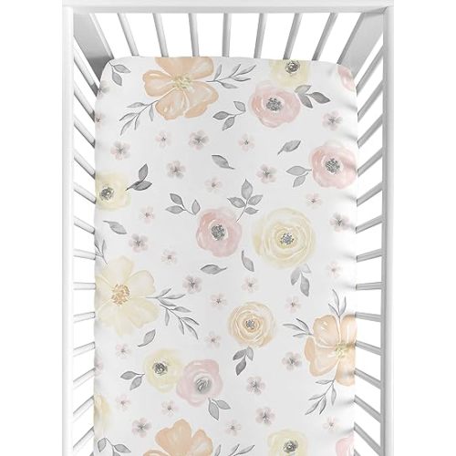 Sweet Jojo Designs Yellow and Pink Watercolor Floral Girl Fitted Crib Sheet Baby or Toddler Bed Nursery - Blush Peach Orange Cream Grey and White Shabby Chic Rose Flower Farmhouse