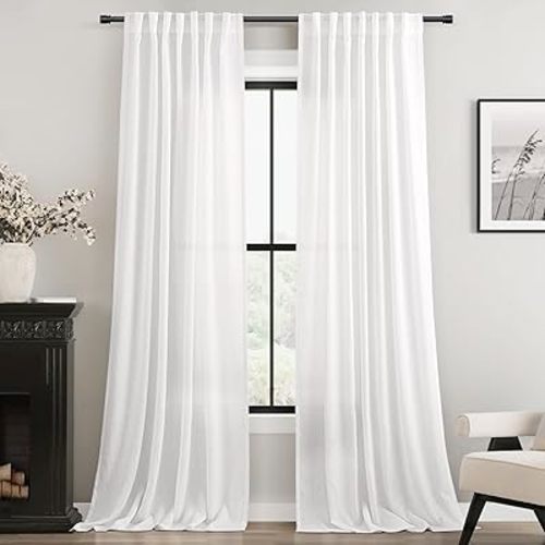 Linen White Curtains 84 inches Long for Bedroom Back Tab Privacy Light Filtering Semi Sheer White Boho Farmhouse Curtain Drapes Cotton Textured Modern Elegant Coastal Living Room Decor Off White