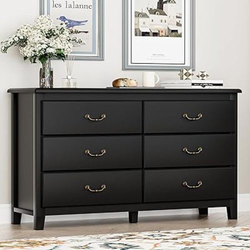 Farmhouse 6 Drawer Dresser for Bedroom, Chest of Drawers with Antique Handles, Modern Wooden Black Dressers, Vintage Rustic Dresser Storage Organizer for Bedroom