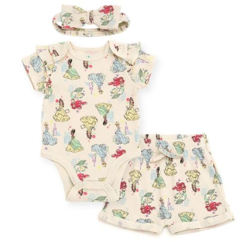 Disney Princess Newborn Baby Girls Ribbed Bodysuit, Shorts and Headband 3 Piece Outfit Set Beige Princesses 3-6 Months