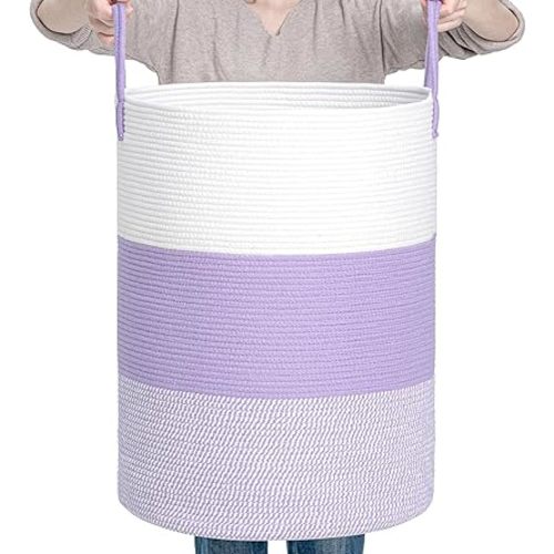 CLHMILY&Z 100L Laundry Basket Round Storage Rope Basket - 18.1x24 Inches - Lavender Hamper in Bedreoom and Cute Storage Bin for Blankets, Toys, and Nursery Essentials