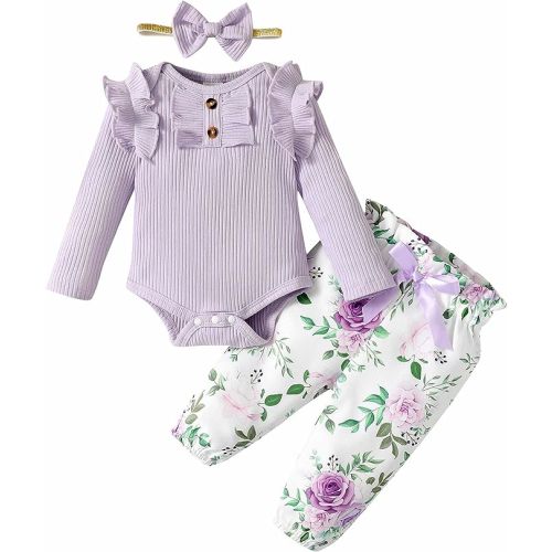 Baby Girl Outfit Newborn Clothes Infant Ruffle Romper Pants Set Fall Winter Baby Clothes for Girls - 0-3 Months - Rib Purple