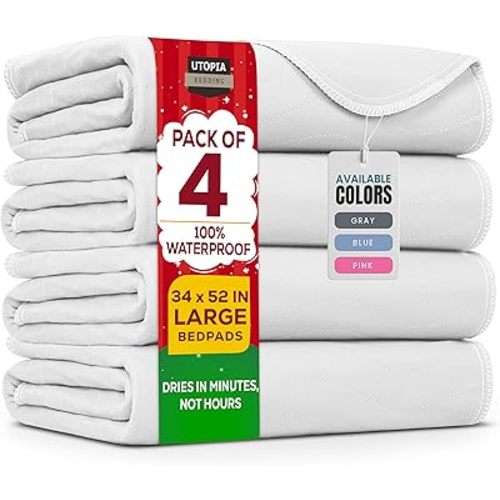 Utopia Bedding Washable Underpads 34" x 52" (Pack of 4), Waterproof Reusable Heavy Absorbency Incontinence Bed Pads for Adults, Kids, Elderly and Pets, Bedwetting Pads for Sofa and Couch (White)