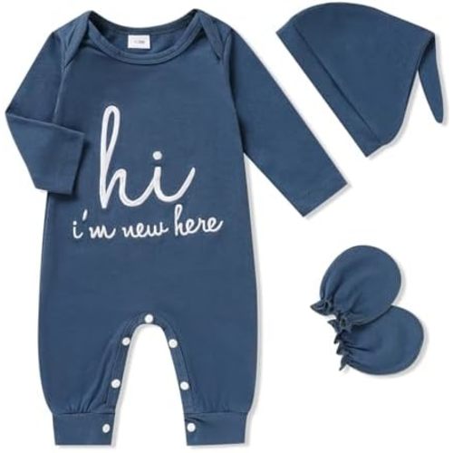 GRNSHTS Newborn Baby Boy Romper Coming Home Outfits Letter Print Bodysuit Jumpsuit+Hat+Gloves 3PCS Clothes Set