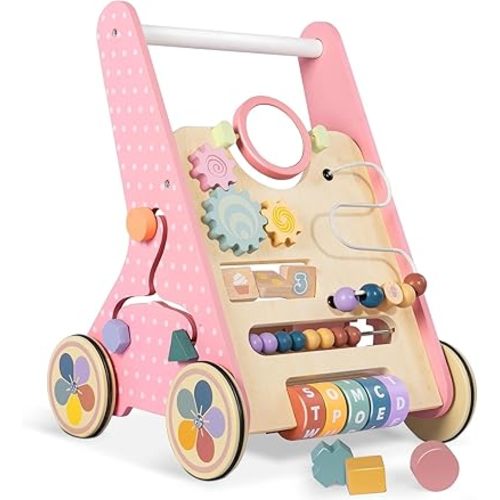 LOL-FUN Push Walker for Baby Girl12 Months Pink Wooden Toy Small Size