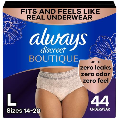 Always Discreet Boutique Incontinence and Postpartum Underwear for Women, Maximum Protection, Large, Rosy, 44 Count (2 Packs of 22)