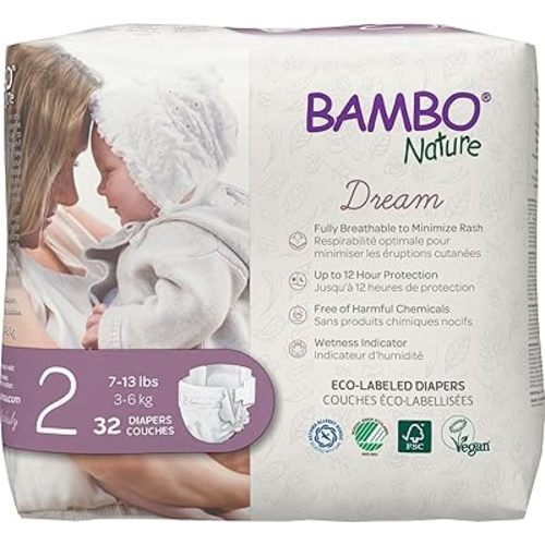 Bambo Nature Hypoallergenic Baby Diapers, Eco-Labelled Sustainable Diapers, Enhanced Leakage Protection, Totally Chlorine-free, Skin Friendly, and Super Absorbent - Size 2 (32 Count)