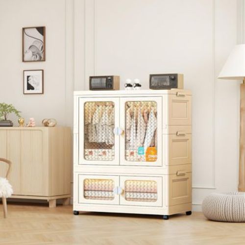 2 Tier Baby Wardrobe Closet with Transparent Doors, Collapsible Storage Bins with Wheels-for Baby pet Clothes Daily Necessities