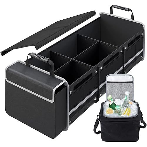 Car Trunk Organizer, 115L Storage Organizer with Insulated Leakproof Cooler Bag, 4 in 1 Waterproof Portable Cargo Organizer with Cover, 3 Large Compartments, Trunk Organizer for Car, SUV, Truck