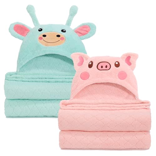WODHOY Baby Hooded Towel Toddlers, 50 x 32 Inch Large Toddler Towel Hooded Set,2-Pack Thick Animal Bath Towels,Ultra Absorbent for Kids Cozy and Warm-Bath Essential Green Giraffe and Pink Pig