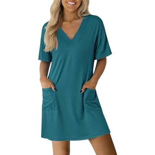Ekouaer Nightgowns for Women Short Sleeve Sleep Shirt V Neck Night Gown With Pockets Soft Pajamas Dress Casual Sleepwear