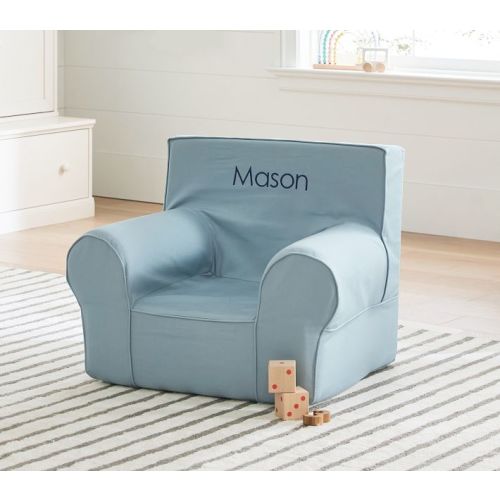 Anywhere Chair®, Twill - Light Blue, my first size, personalized in midnight navy Sacramento font (Dawson)