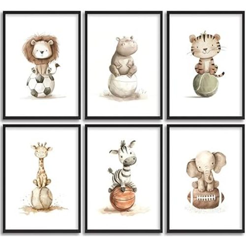Baby Boy Animals Nursery Wall Art Sport Theme Nursery Painting Picture Wall Decor Cute Lion Hippo Tiger Giraffe Zebra Elephant Sports Poster Print Artwork for Children Room Home Decoration