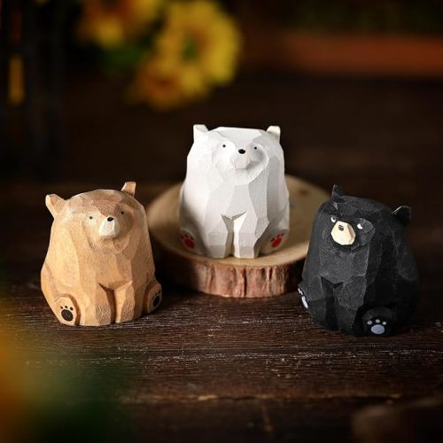 3 Pcs Mini Wooden Bears Figurines Handmade Carved Small Wooden Black Brown Bear Statue Miniature Ornament Christmas Bear Decor for Bedroom Playroom Gift(Standing,2 x 2.2 Inch)