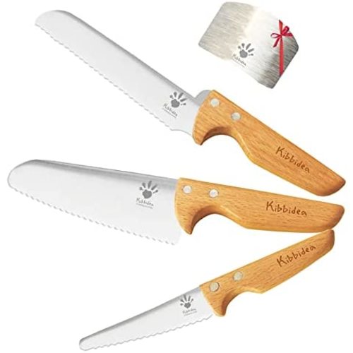 KIBBIDEA Kids Cooking Knife Set 4-Piece, Safe & Serrated Edges Toddler Knife, Child Chef Knife Set for Cutting Food, Kids Kitchen Knives for Real Cooking, Stainless Steel, BPA-Free