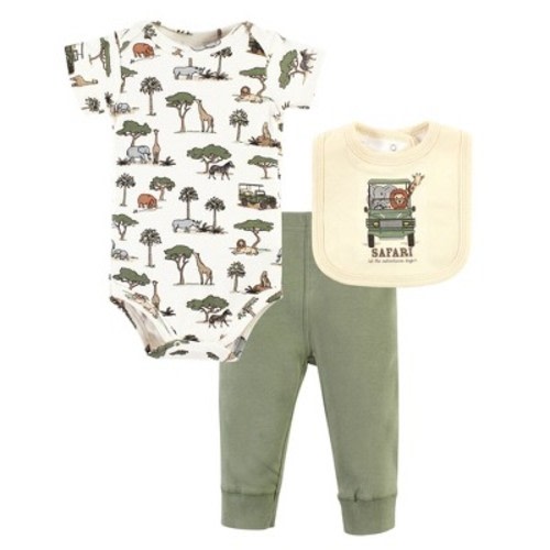 Hudson Baby Infant Boy Cotton Bodysuit, Pant and Bib Set, Going On Safari, 3-6 Months