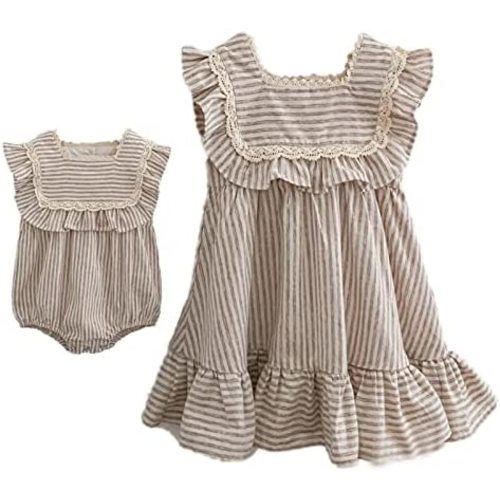 Ashmyova Toddler Girls Linen Summer Casual Dress Kids Vintage Ruffles Stripe Baby Rompers Dresses