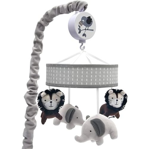 Lambs & Ivy Urban Jungle Gray/Brown Lion & Elephant Musical Baby Crib Mobile