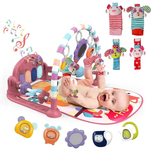 dearlomum Baby Play Mat Gym,Funny Play Piano Tummy Time Baby Activity Mat with 5 Infant Sensory Toys & 4 Wrist Rattle Socks, Boy & Girl Gifts for Newborn 0 to 3 6 9 12 Months(Pink)