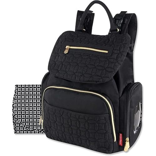 Modern Quilted Diaper Bag Backpack and Multipurpose Travel Drawstring Baby Bag – 3 Piece Set (Black)