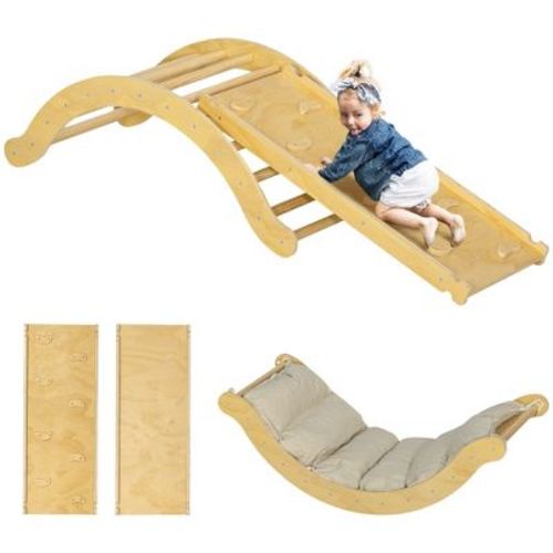 Qaba Toddler Climbing Toys Set, Indoor 4 In 1 Pikler Set With Arch Climber, Ramp & Cushion, Wooden Montessori Climbing Set, Wood