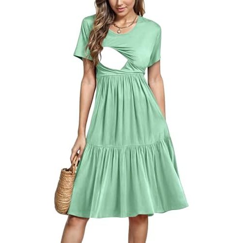 PARNIXS Women's Summer Nursing Dress Short Sleeve Maternity Knee Length Breastfeeding Dress