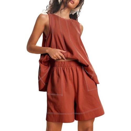 Womens 2 Piece Lounge Set Casual Summer Outfits Sleeveless Tank Top and Elastic Waist Shorts with Pockets